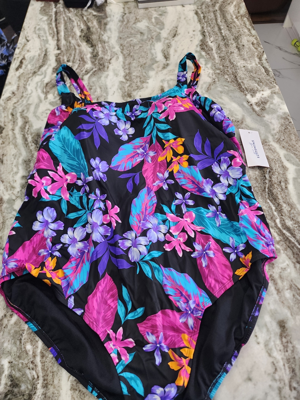 Tropical Floral One-Piece Swimsuit - Black with Multicolor Floral New With Tag